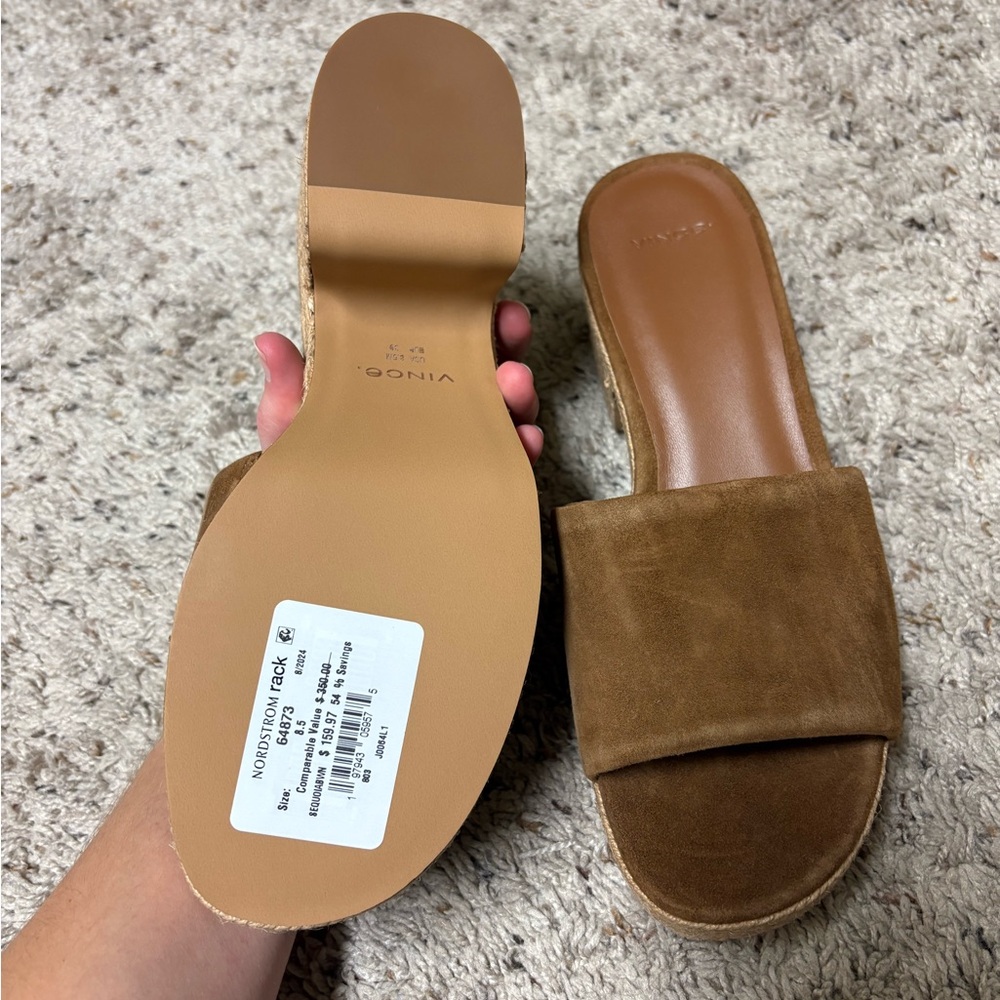 Vince Suede Slide Mule in Chestnut Brown with Natural Espadrille - Picture 11 of 16